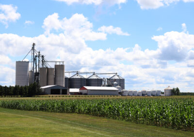 photo of a large scale farm with grain silos