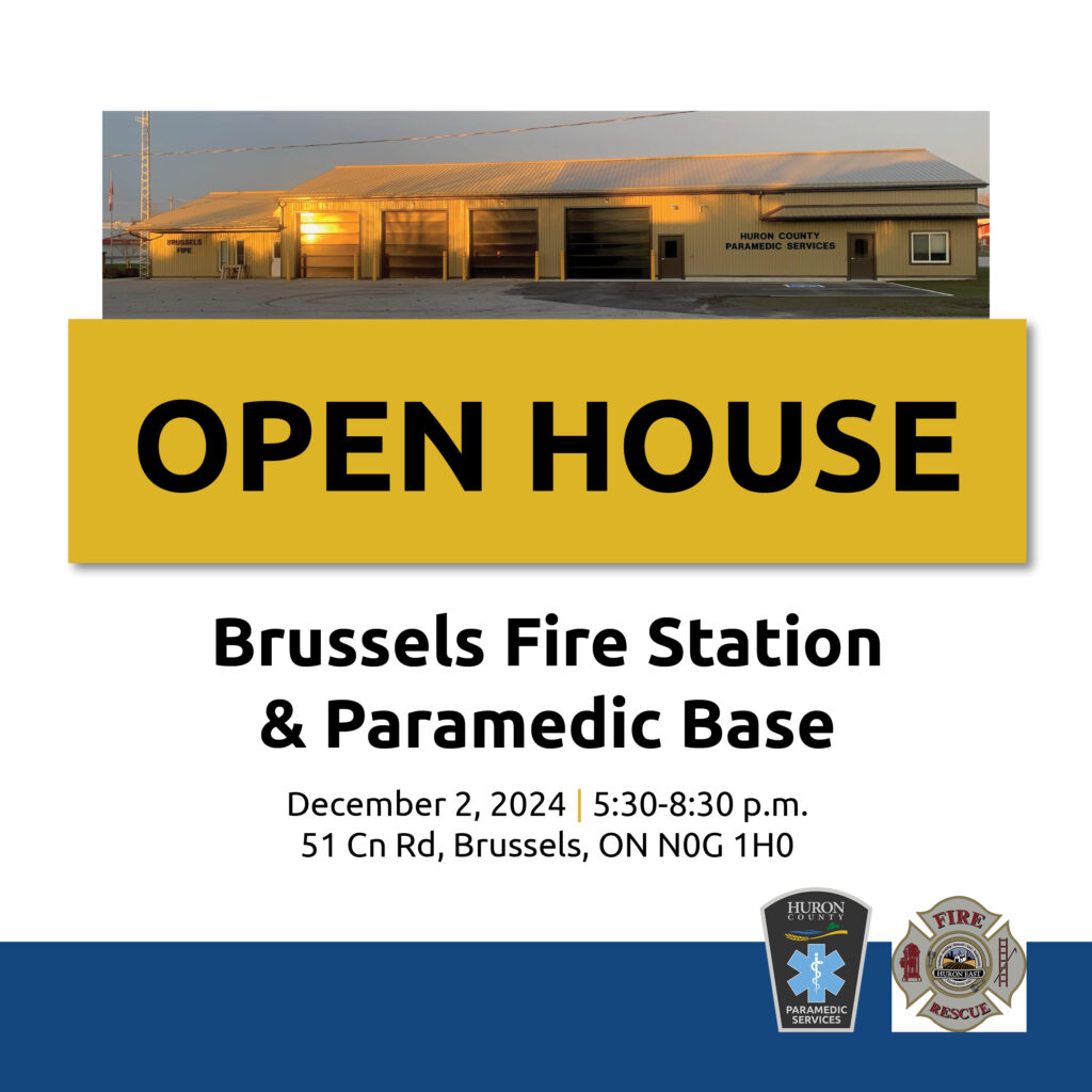 A graphic displaying an image of the Brussels Fire Station and Paramedic Building and text announcing the open house.