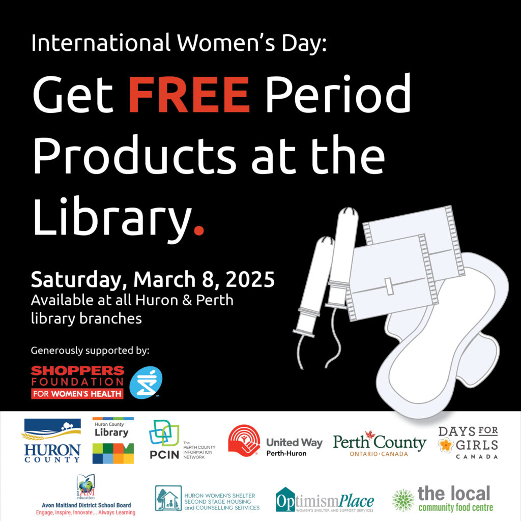 A graphic indicating free period products at the library on March 8, 2025.